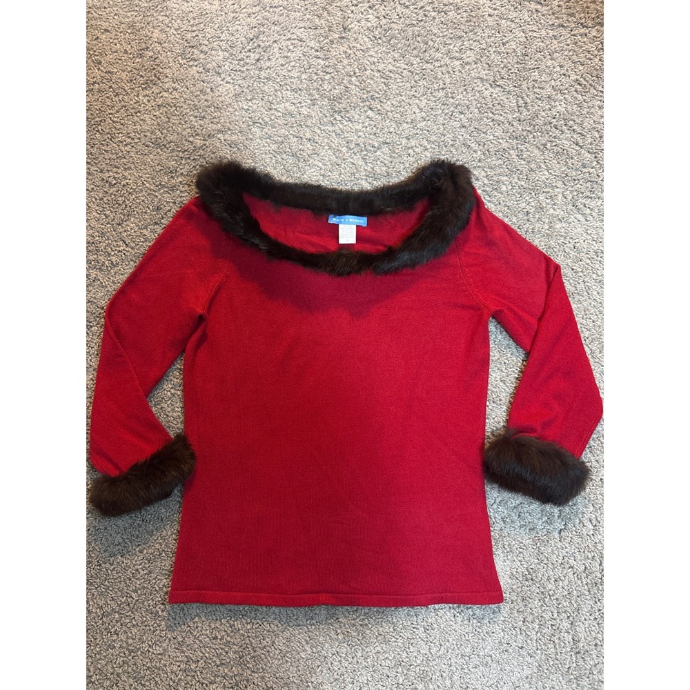 White + Warren Red Silk Cashmere Faux Fur Trim Boat Neck Sweater Small